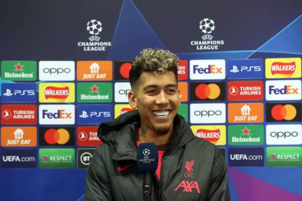 GLASGOW, SCOTLAND - OCTOBER 12: Roberto Firmino of Liverpool is interviewed post match during the UEFA Champions League group A match between Rangers FC and Liverpool FC at Ibrox Stadium on October 12, 2022 in Glasgow, Scotland. (Photo by Jan Kruger - UEFA/UEFA via Getty Images)