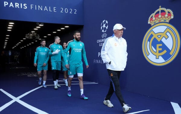 PARIS, FRANCE - MAY 27: Karim Benzema of Real Madrid and Carlo Ancelotti, Head Coach of Real Madrid make their way out prior to the Real Madrid Training Session at Stade de France on May 27, 2022 in Paris, France. Real Madrid will face Liverpool in the UEFA Champions League final on May 28, 2022. (Photo by UEFA)