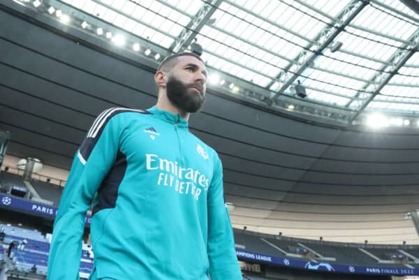 PARIS, FRANCE - MAY 27: Karim Benzema of Real Madrid enters the pitch to warm up prior to the Real Madrid Training Session at Stade de France on May 27, 2022 in Paris, France. Real Madrid will face Liverpool in the UEFA Champions League final on May 28, 2022. (Photo by UEFA)