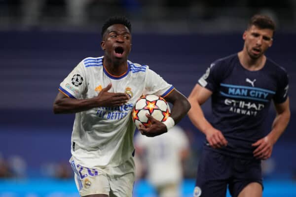 MADRID, SPAIN - MAY 04: Vinicius Junior of Real Madrid celebrates after their side's second goal scored by Rodrygo of Real Madrid (not pictured) during the UEFA Champions League Semi Final Leg Two match between Real Madrid and Manchester City at Estadio Santiago Bernabeu on May 04, 2022 in Madrid, Spain. (UEFA)