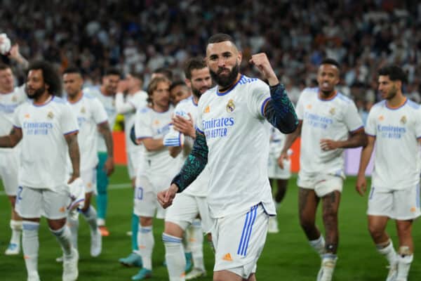 MADRID, SPAIN - MAY 04: Karim Benzema of Real Madrid celebrates their side's victory and progression to the UEFA Champions League Final after the UEFA Champions League Semi Final Leg Two match between Real Madrid and Manchester City at Estadio Santiago Bernabeu on May 04, 2022 in Madrid, Spain. (UEFA)