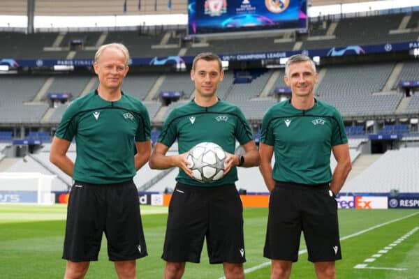 PARIS, FRANCE - MAY 27: (L-R) Match officials Cyril Gringore, Clement Turpin and Nicolas Danos pose for a photo during the Referee Team Training Session at Stade de France on May 27, 2022 in Paris, France. Liverpool FC will face Real Madrid in the UEFA Champions League final on May 28, 2022. (Photo by Alexander Hassenstein - UEFA/UEFA via Getty Images) (Photo by UEFA)