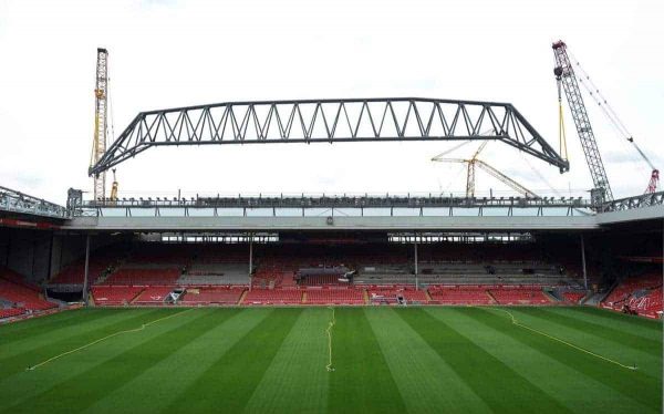 LIVERPOOL, ENGLAND - JULY 24: The Main Stand Roof Truss is attached to the stand at Anfield on July 24, 2015 in Liverpool, England. (Photo by John Powell/Liverpool FC via Getty Images)