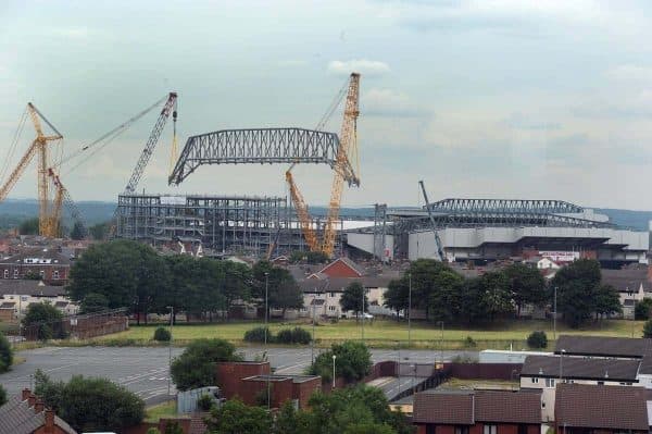 LIVERPOOL, ENGLAND - JULY 24: The Main Stand Roof Truss is attached to the stand at Anfield on July 24, 2015 in Liverpool, England. (Photo by John Powell/Liverpool FC via Getty Images)
