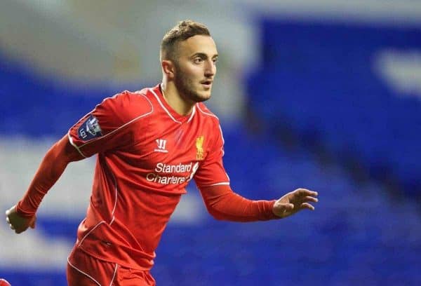 LONDON, ENGLAND - Friday, April 17, 2015: Liverpool's Samid Yesil celebrates scoring the third goal, his second, against Tottenham Hotspur during the Under 21 FA Premier League match at White Hart Lane. (Pic by David Rawcliffe/Propaganda)