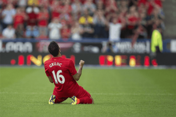 HUDDERSFIELD, ENGLAND - Wednesday, July 20, 2016: Liverpool's Marko Grujic celebrates his sides first goal to make the score 1-0 during the pre-season friendly match against Huddersfield Town at the John Smith’s Stadium. (Pic by Paul Greenwood/Propaganda)