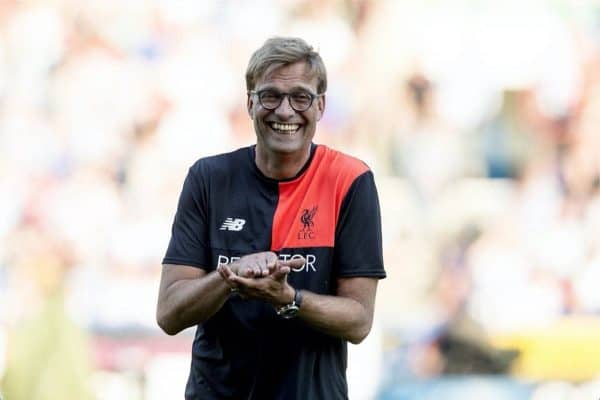 HUDDERSFIELD, ENGLAND - Wednesday, July 19, 2016: Liverpool's manager Jurgen Klopp laughs during the pre-match warm-up ahead of the pre-season friendly match against Huddersfield Town at the John Smith’s Stadium. (Pic by Paul Greenwood/Propaganda)