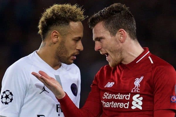 PARIS, FRANCE - Wednesday, November 28, 2018: Paris Saint-Germain's Neymar da Silva Santos Júnior (L) argues with Liverpool's Andy Robertson after a penalty is awarded during the UEFA Champions League Group C match between Paris Saint-Germain and Liverpool FC at Parc des Princes. (Pic by David Rawcliffe/Propaganda)