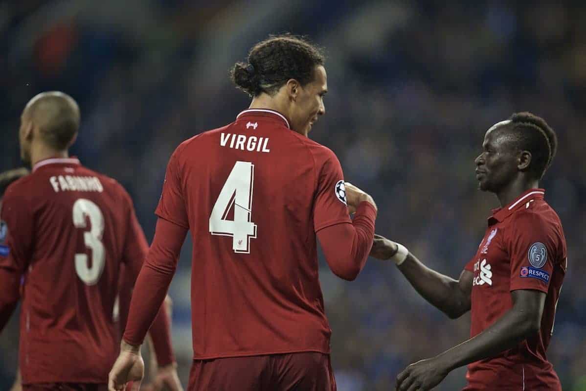 PORTO, PORTUGAL - Wednesday, April 17, 2019: Liverpool's Virgil van Dijk (L) celebrates scoring the fourth goal with team-mate Sadio Mane during the UEFA Champions League Quarter-Final 2nd Leg match between FC Porto and Liverpool FC at Estádio do Dragão. (Pic by David Rawcliffe/Propaganda)