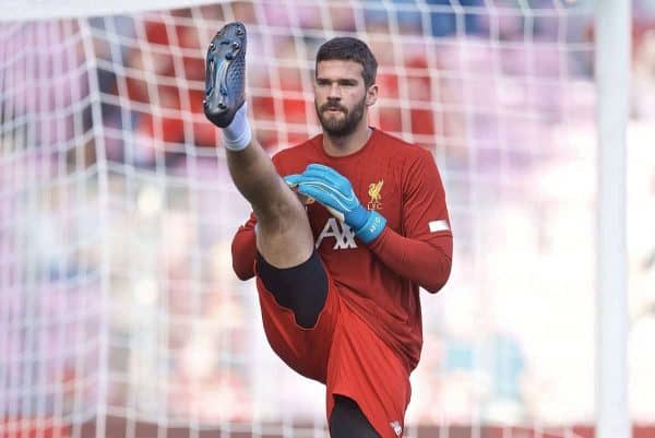 GENEVA, SWITZERLAND - Wednesday, July 31, 2019: Liverpool's goalkeeper Alisson Becker during a pre-season friendly match between Liverpool FC and Olympique Lyonnais at Stade de Genève. (Pic by David Rawcliffe/Propaganda)