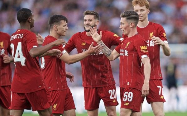 GENEVA, SWITZERLAND - Wednesday, July 31, 2019: Liverpool's Harry Wilson (2nd from R) celebrates scoring the third goal during a pre-season friendly match between Liverpool FC and Olympique Lyonnais at Stade de Genève. (Pic by David Rawcliffe/Propaganda)