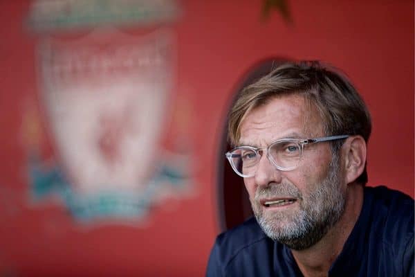 Liverpool's manager Jürgen Klopp bench before a pre-season friendly match between Liverpool FC and Olympique Lyonnais at Stade de Genève. (Pic by David Rawcliffe/Propaganda)