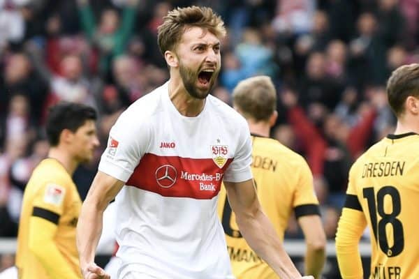 03 November 2019, Baden-Wuerttemberg, Stuttgart: Soccer: 2nd Bundesliga, 12th matchday, VfB Stuttgart - Dynamo Dresden, Mercedes-Benz Arena. Nathaniel Phillips (l) from VfB Stuttgart reacts after the goal to 1:0 Photo: Tom Weller/dpa - IMPORTANT NOTE: In accordance with the requirements of the DFL Deutsche Fu?ball Liga or the DFB Deutscher Fu?ball-Bund, it is prohibited to use or have used photographs taken in the stadium and/or the match in the form of sequence images and/or video-like photo sequences.