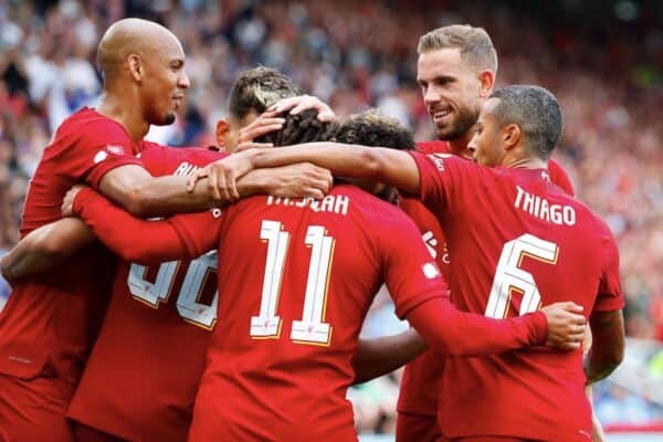 2JK4CGP 30th July 2022; The King Power Stadium, Leicester, Leicestershire, England; FA Community Shield, Liverpool versus Manchester City; Liverpool players celebrate Trent Alexander-Arnold?s goal after 21 minutes (1-0)