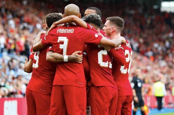 2JK4CG0 30th July 2022; The King Power Stadium, Leicester, Leicestershire, England; FA Community Shield, Liverpool versus Manchester City; Liverpool players celebrate Trent Alexander-Arnold?s goal after 21 minutes (1-0)