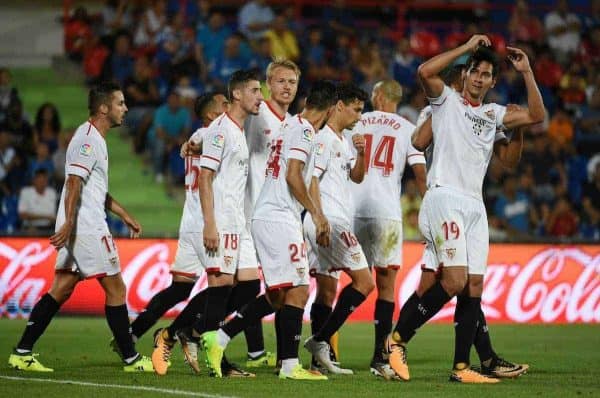 Sevilla's Brazilian midfielder Paulo Henrique 'Ganso' (R) jubilates a goal during the LaLiga Santander match between Getafe and Sevilla at the Alfonso Perez stadium in Getafe, Madrid Community, Spain, 27 August 2017. EFE/FERNANDO VILLAR