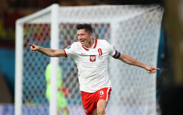 SEVILLE, SPAIN - JUNE 19: Robert Lewandowski of Poland celebrates after scoring their side's first goal during the UEFA Euro 2020 Championship Group E match between Spain and Poland at Estadio La Cartuja on June 19, 2021 in Seville, Spain. (Photo by Fran Santiago - UEFA/UEFA via Getty Images)