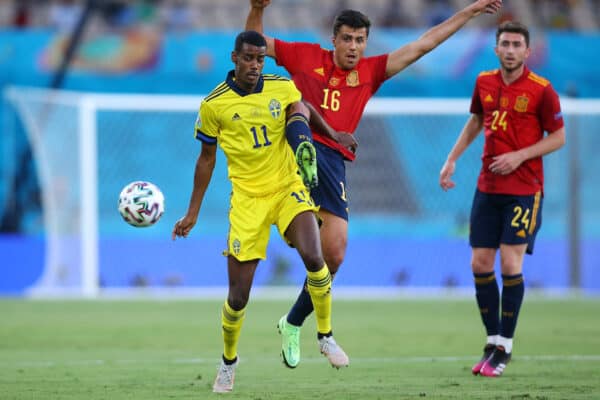 SEVILLE, SPAIN - JUNE 14: Alexander Isak of Sweden battles for possession with Rodri of Spain during the UEFA Euro 2020 Championship Group E match between Spain and Sweden at the La Cartuja Stadium on June 14, 2021 in Seville, Spain. (Photo by Fran Santiago - UEFA/UEFA via Getty Images)