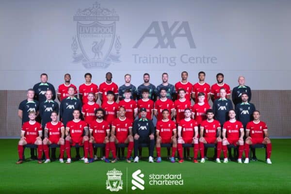 The official Liverpool squad for the 23/24 season pose for the squad shot at AXA Training Centre on September 23, 2023 in Kirkby, England. Back Row: John Achterberg (Goalkeeping Coach), Ryan Gravenberch, Jarrell Quansah, Ibrahima Konate, Caoimhin Kelleher, Alisson Becker, Adrian, Joel Matip, Cody Gakpo, Joe Gomez, Claudio Taffarel (Goalkeeping Coach). Middle Row: Jonathan Power (Doctor), Jack Robinson (Assistant Goalkeeping Coach), Peter Krawietz (Assistant Manager), Alexis Mac Allister, Wataru Endo, Conor Bradley, Stefan Bajcetic, Dominik Szoboszlai, Curtis Jones, Ben Doak, Pepijn Lijnders (Assistant Manager), Vitor Matos (Elite Development Coach). Front Row: Harvey Elliott, Kostas Tsimikas, Darwin Nunez, Mohamed Salah,Virgil Van Dijk (Captain), Jurgen Klopp (Team Manager) Trent Alexander-Arnold (Vice Captain), Andy Robertson, Luis Diaz, Diogo Jota, Thiago Alcantara. (Photo by Liverpool FC/Liverpool FC via Getty Images)