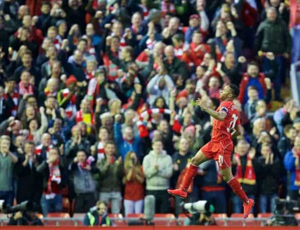 LIVERPOOL, ENGLAND - Monday, April 13, 2015: Liverpool's Raheem Sterling celebrates scoring the first goal against Newcastle United during the Premier League match at Anfield. (Pic by David Rawcliffe/Propaganda)