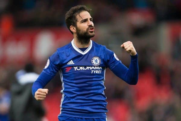 STOKE-ON-TRENT, ENGLAND - Saturday, March 18, 2017: Chelsea's Cesc Fabregas celebrates a 2-1 win against Stoke City during the FA Premier League match at the Bet365 Stadium. (Pic by Laura Malkin/Propaganda)