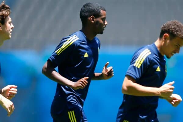 SEVILLE, SPAIN - JUNE 13: Victor Lindeloef, Alexander Isak (C) and Jordan Larsson of Sweden in action during the Sweden Training Session ahead of the Euro 2020 Group E match between Spain and Sweden at Estadio La Cartuja on June 13, 2021 in Seville, Spain. (Photo by Fran Santiago - UEFA/UEFA via Getty Images)