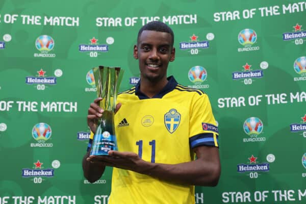 SAINT PETERSBURG, RUSSIA - JUNE 18: Alexander Isak of Sweden poses for a photograph with their Heineken "Star of the Match" award after the UEFA Euro 2020 Championship Group E match between Sweden and Slovakia at Saint Petersburg Stadium on June 18, 2021 in Saint Petersburg, Russia. (Photo by Joosep Martinson - UEFA)