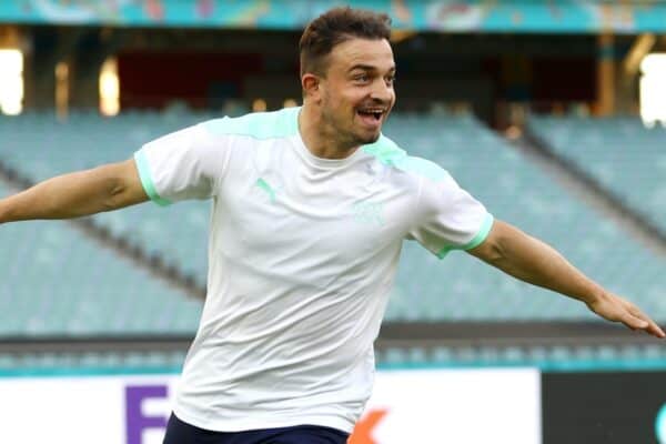 BAKU, AZERBAIJAN - JUNE 19: Xherdan Shaqiri of Switzerland reacts during the Switzerland Training Session ahead of the UEFA Euro 2020 Group A match between Switzerland and Turkey at Baku Olimpiya Stadionu on June 19, 2021 in Baku, Azerbaijan. (Photo by Matthew Lewis - UEFA)