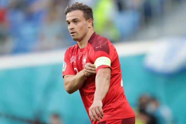 SAINT PETERSBURG, RUSSIA - JULY 02: Xherdan Shaqiri of Switzerland adjusts his captains armband during the UEFA Euro 2020 Championship Quarter-final match between Switzerland and Spain at Saint Petersburg Stadium on July 02, 2021 in Saint Petersburg, Russia. (Photo by Gonzalo Arroyo - UEFA)