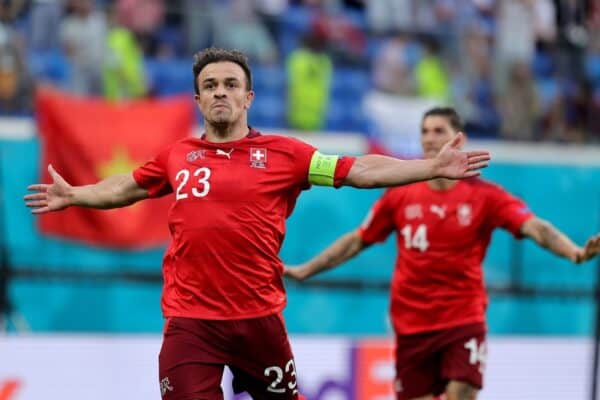 SAINT PETERSBURG, RUSSIA - JULY 02: Xherdan Shaqiri of Switzerland celebrates after scoring their side's first goal during the UEFA Euro 2020 Championship Quarter-final match between Switzerland and Spain at Saint Petersburg Stadium on July 02, 2021 in Saint Petersburg, Russia. (Photo by Joosep Martinson - UEFA)