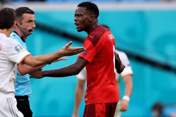 SAINT PETERSBURG, RUSSIA - JULY 02: Denis Zakaria of Switzerland reacts towards Match Referee, Michael Oliver after teammate Remo Freuler is shown a red card during the UEFA Euro 2020 Championship Quarter-final match between Switzerland and Spain at Saint Petersburg Stadium on July 02, 2021 in Saint Petersburg, Russia. (Photo by Joosep Martinson - UEFA)