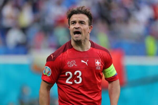 SAINT PETERSBURG, RUSSIA - JULY 02: Xherdan Shaqiri of Switzerland celebrates after scoring their side's first goal during the UEFA Euro 2020 Championship Quarter-final match between Switzerland and Spain at Saint Petersburg Stadium on July 02, 2021 in Saint Petersburg, Russia. (Photo by Joosep Martinson - UEFA)