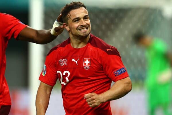 BAKU, AZERBAIJAN - JUNE 20: Xherdan Shaqiri of Switzerland celebrates with teammate Breel Embolo after scoring their team's third goal during the UEFA Euro 2020 Championship Group A match between Switzerland and Turkey at Baku Olimpiya Stadionu on June 20, 2021 in Baku, Azerbaijan. (Photo by Francois Nel - UEFA/UEFA via Getty Images)