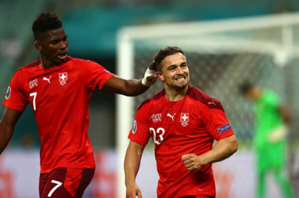 BAKU, AZERBAIJAN - JUNE 20: Xherdan Shaqiri of Switzerland celebrates with teammate Breel Embolo after scoring their team's third goal during the UEFA Euro 2020 Championship Group A match between Switzerland and Turkey at Baku Olimpiya Stadionu on June 20, 2021 in Baku, Azerbaijan. (Photo by Francois Nel - UEFA/UEFA via Getty Images)