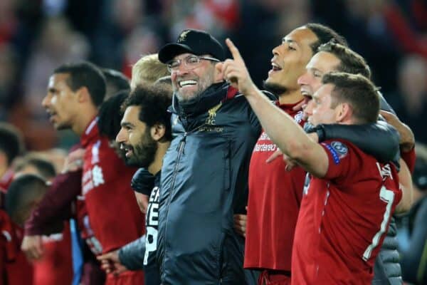 Anfield, Liverpool, UK. 7th May, 2019. UEFA Champions League football, semi final second leg, Liverpool versus FC Barcelona; Liverpool manager Jurgen Klopp celebrates after the final whistle with Mohamed Salah of Liverpool and Virgil van Dijk of Liverpool in front of the Kop as they sing You'll Never Walk Alone Credit: Action Plus Sports/Alamy Live News