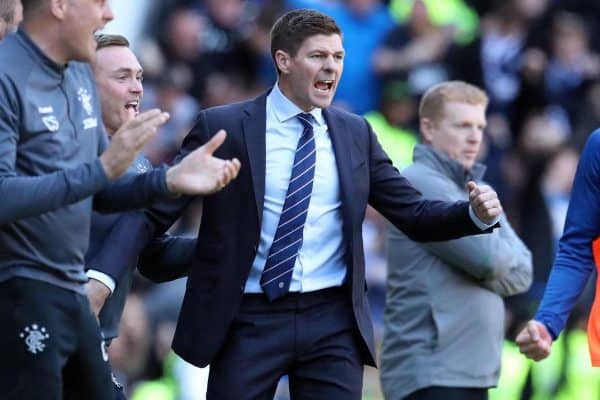 T8CH9C Rangers manager Steven Gerrard celebrates a Rangers goal during the Ladbrokes Scottish Premiership match at Ibrox Stadium, Glasgow.