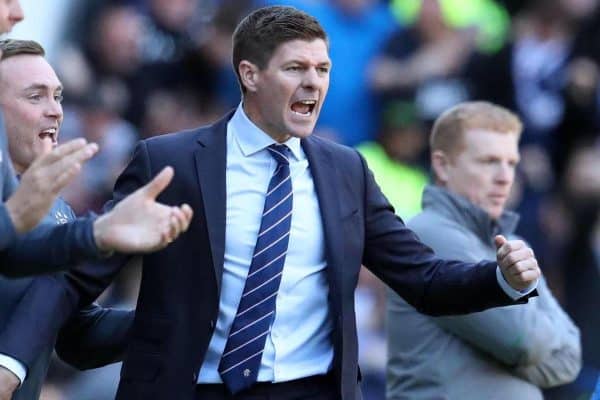 T8CH9C Rangers manager Steven Gerrard celebrates a Rangers goal during the Ladbrokes Scottish Premiership match at Ibrox Stadium, Glasgow.