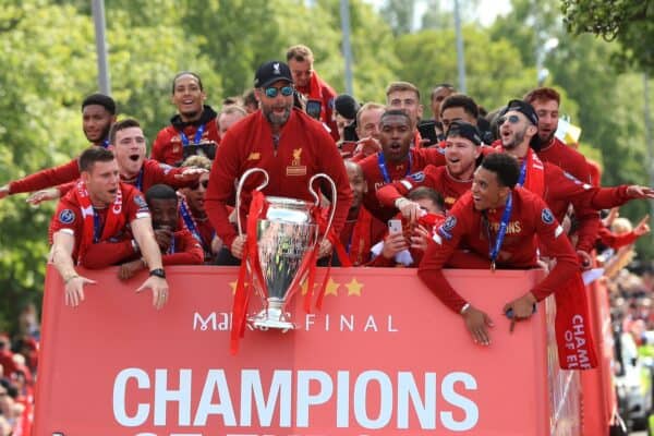 TBJTB8 Liverpool, Merseyside. 2nd June, 2019. Liverpool FC celebration parade after their Champions League final win over Tottenham Hotspur in Madrid on 1st June; Liverpool manager Jurgen Klopp holds the Champions League trophy at the front of the team bus Credit: Action Plus Sports/Alamy Live News