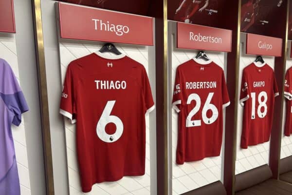 Liverpool changing dressing room shirts, 2023