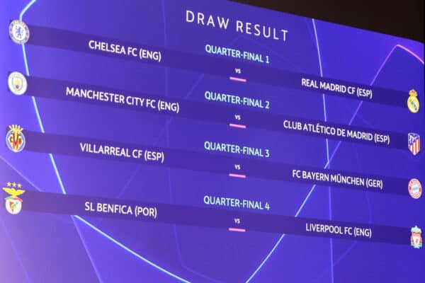 NYON, SWITZERLAND - MARCH 18: The result of the draw is displayed on the screen during the UEFA Champions League 2021/22 Quarter-finals and Semi-finals Draws at the UEFA headquarters, The House of European Football, on March 18, 2022, in Nyon, Switzerland. (Photo by Pierre Albouy - UEFA/UEFA via Getty Images)