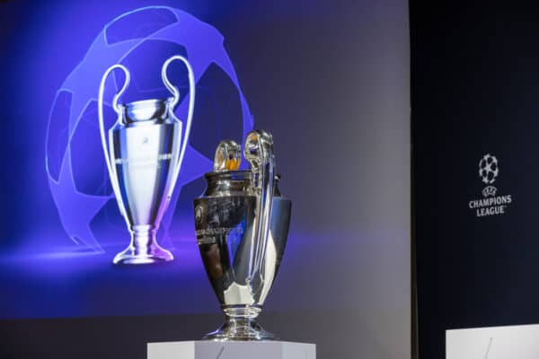 NYON, SWITZERLAND - MARCH 18: A detailed view of the UEFA Champions League trophy ahead of the UEFA Champions League 2021/22 Quarter-finals and Semi-finals Draws at the UEFA headquarters, The House of European Football, on March 18, 2022, in Nyon, Switzerland. (Photo by Pierre Albouy - UEFA/UEFA via Getty Images)