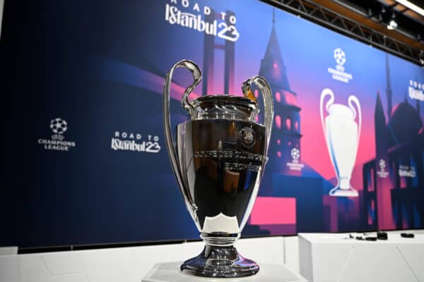 NYON, SWITZERLAND - NOVEMBER 7: A view of the UEFA Champions League trophy ahead of the UEFA Champions League 2022/23 Round of 16 draw at the UEFA Headquarters, The House of the European Football, on November 7, 2022, in Nyon, Switzerland. (Photo by UEFA)