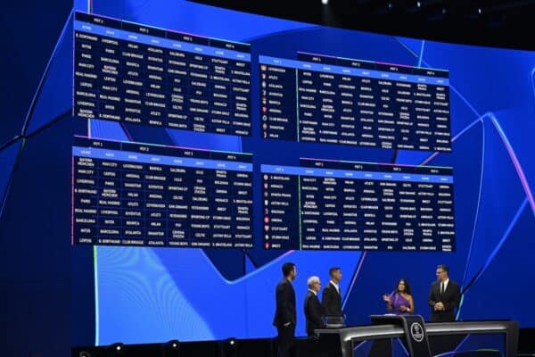 MONACO, MONACO - AUGUST 29: A detailed view of the UEFA Champions League draw during the UEFA Champions League 2024/25 Group Stage Draw at Grimaldi Forum on August 29, 2024 in Monaco, Monaco. (Photo by Valerio Pennicino - UEFA/UEFA via Getty Images)