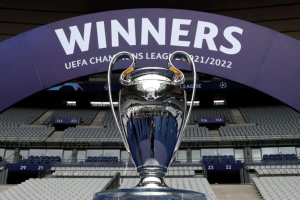 PARIS, FRANCE - MAY 26: The UEFA Champions League Trophy is displayed ahead of the UEFA Champions League final match between Liverpool FC and Real Madrid at Stade de France on May 26, 2022 in Paris, France. (Photo by Alexander Hassenstein - UEFA/UEFA via Getty Images)