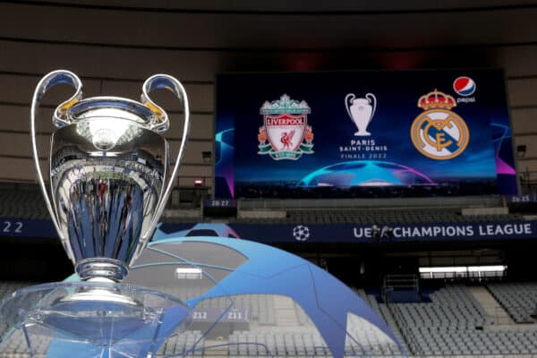 PARIS, FRANCE - MAY 26: The UEFA Champions League Trophy is displayed in front of the scoreboard ahead of the UEFA Champions League final match between Liverpool FC and Real Madrid at Stade de France on May 26, 2022 in Paris, France. (Photo by UEFA)