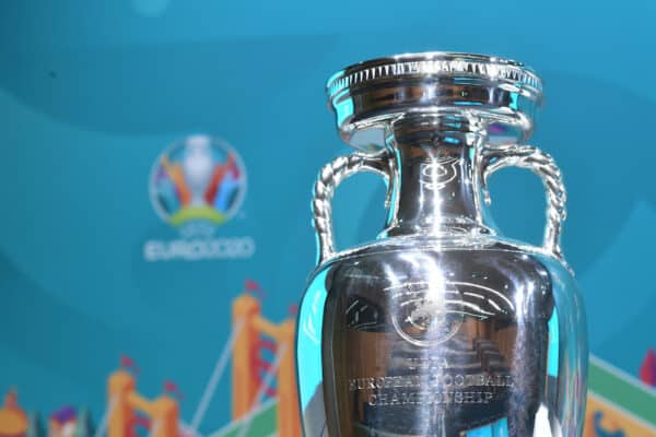 NYON,SWITZERLAND - NOVEMBER 22: The UEFA EURO trophy on stage before the UEFA EURO 2020 Play-offs Draw at UEFA Headquarters on November 22, 2019 in Nyon, Switzerland. (Photo by Alexander Scheuber - UEFA/UEFA via Getty Images)