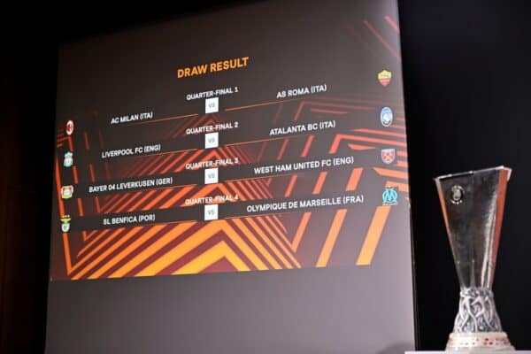 NYON, SWITZERLAND - MARCH 15: A view of the quarter-final draw results following the UEFA Europa League 2023/24 Quarter-finals And Semi-finals Draw at the UEFA Headquarters, The House of the European Football, on March 15, 2024 in Nyon, Switzerland (Photo by Kristian Skeie - UEFA/UEFA via Getty Images)