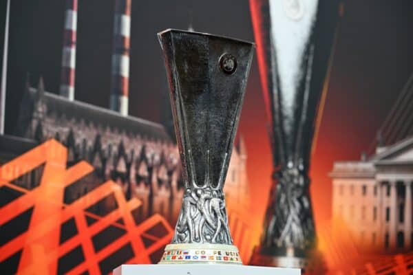 NYON, SWITZERLAND - MARCH 15: The UEFA Europa League trophy on display prior to the UEFA Europa League 2023/24 Quarter-finals And Semi-finals Draw at the UEFA Headquarters, The House of the European Football, on March 15, 2024 in Nyon, Switzerland (Photo by Kristian Skeie - UEFA/UEFA via Getty Images)