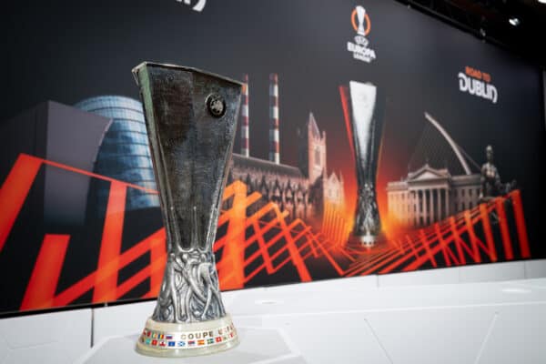 NYON, SWITZERLAND - FEBRUARY 23: A view of the Europa League trophy ahead of the UEFA Europa League 2023/24 Round of 16 Draw at the UEFA Headquarters, The House of the European Football, on February 23, 2024 in Nyon, Switzerland (Photo by Kristian Skeie - UEFA/UEFA via Getty Images)