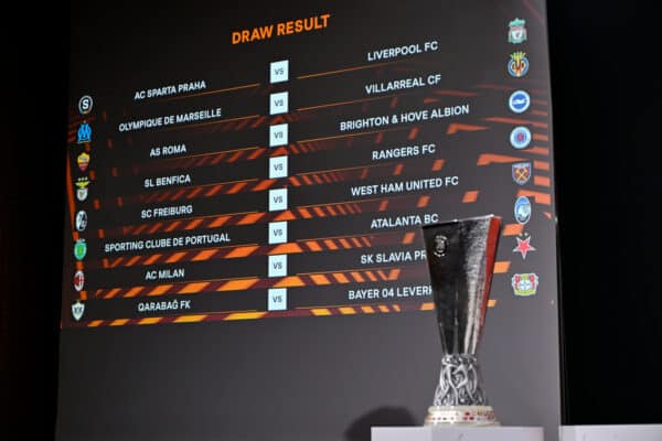 NYON, SWITZERLAND - FEBRUARY 23: A view of the draw results following the UEFA Europa League 2023/24 Round of 16 Draw at the UEFA Headquarters, The House of the European Football, on February 23, 2024 in Nyon, Switzerland (Photo by Kristian Skeie - UEFA/UEFA via Getty Images)